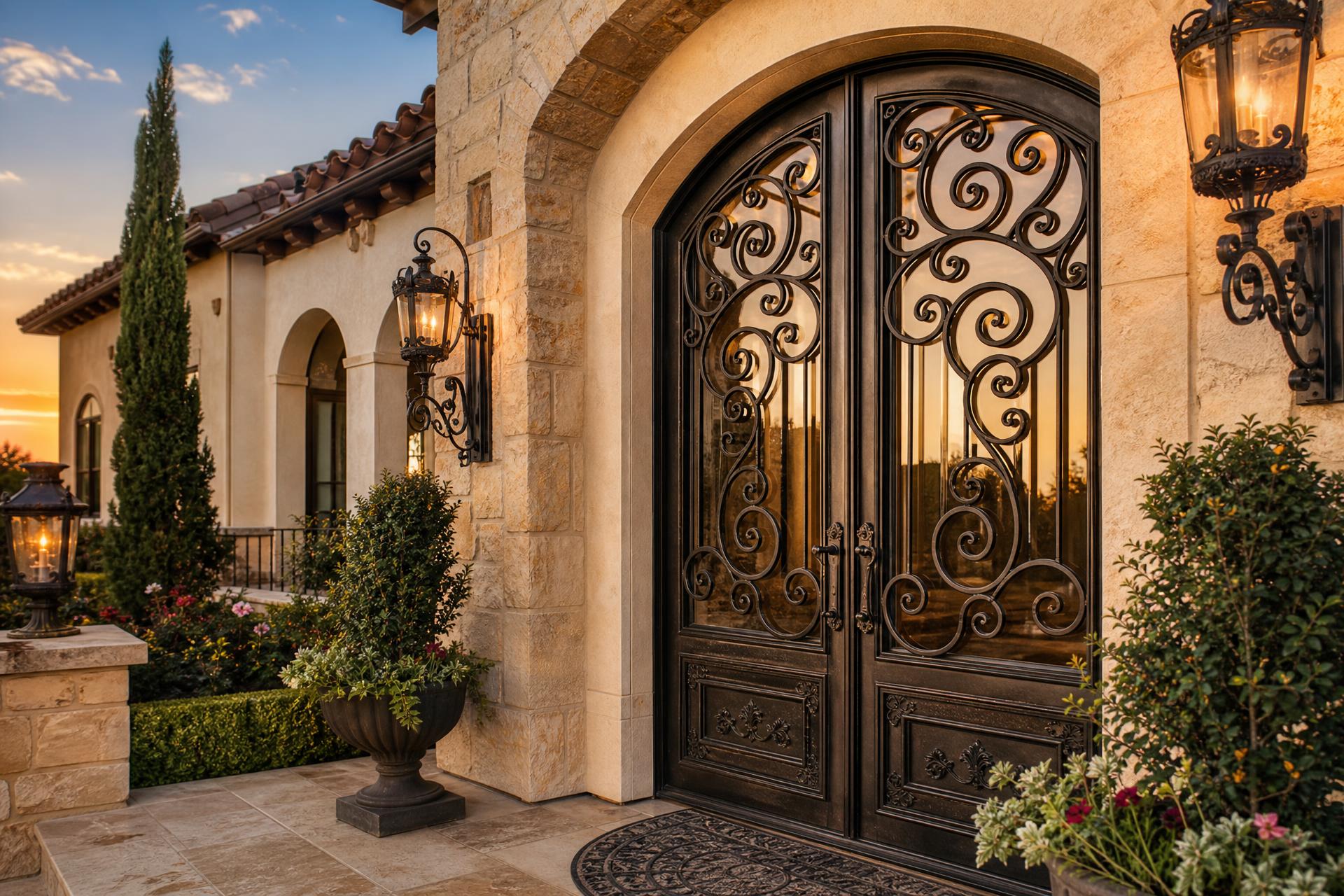 Luxury Mediterranean wrought iron double door with intricate scrollwork