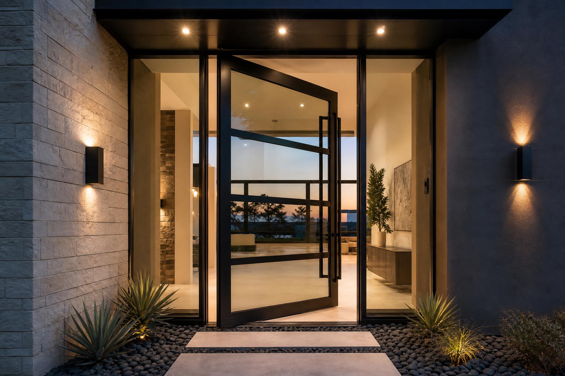 Modern black steel and glass pivot door on a contemporary Texas home